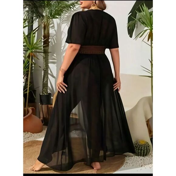 Black sheer lace tulam kimono coverup duster dress robe nwt 2xl fits plus - Picture 2 of 6